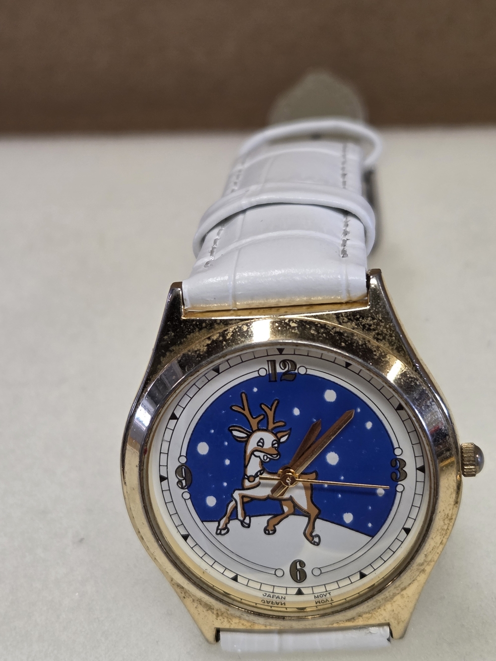 White Strap Gold-Tone Holiday Reindeer Watch